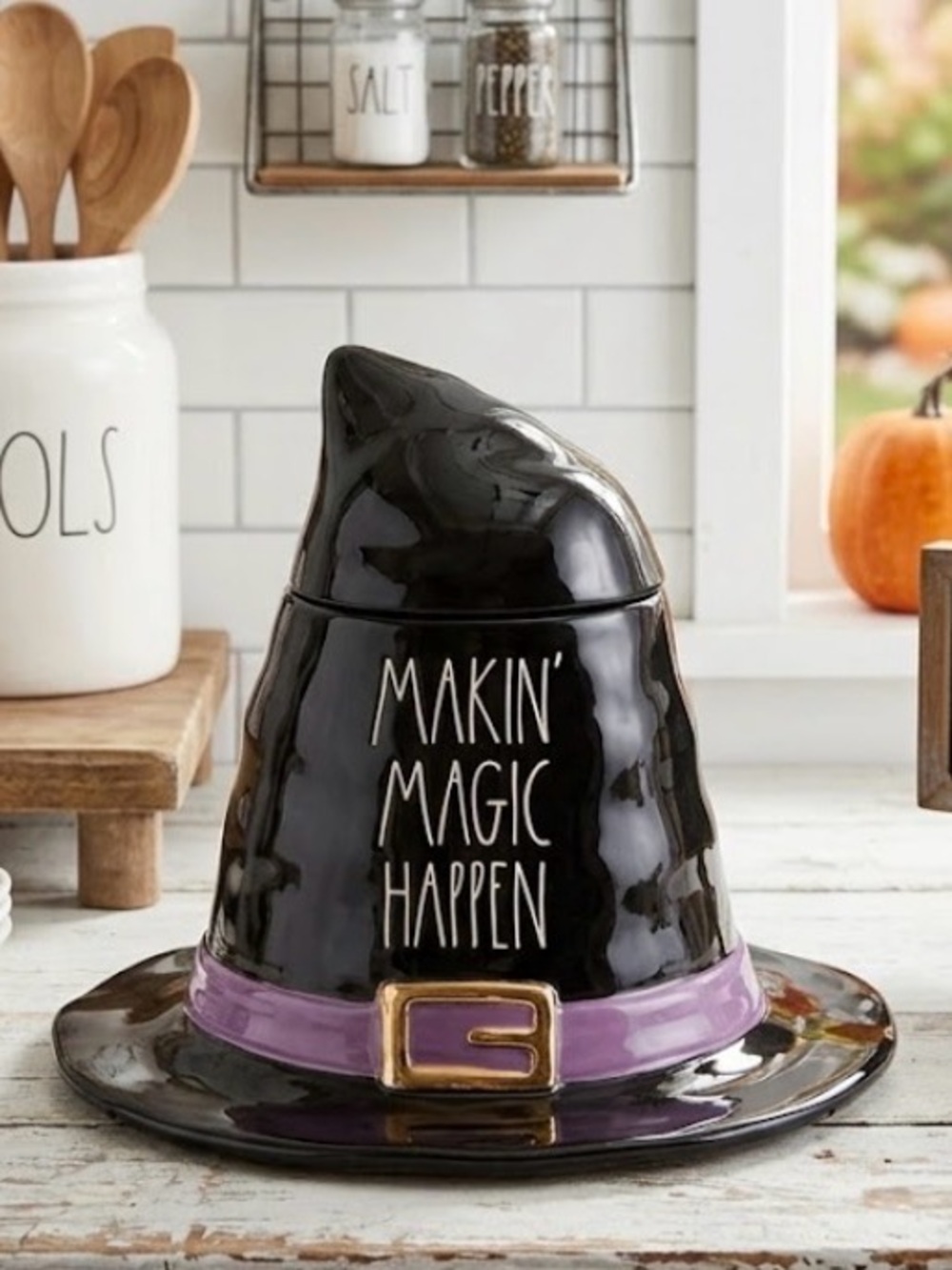 🩷 New Rae Dunn Black Witch Hat Treat Jar with Purple Band - Makin' Magic Happen